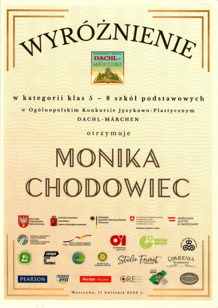 Wyróżnienie Moniki Chodowiec w Ogólnopolskim Konkursie Językowo-Plastycznym DACHL-Märchen